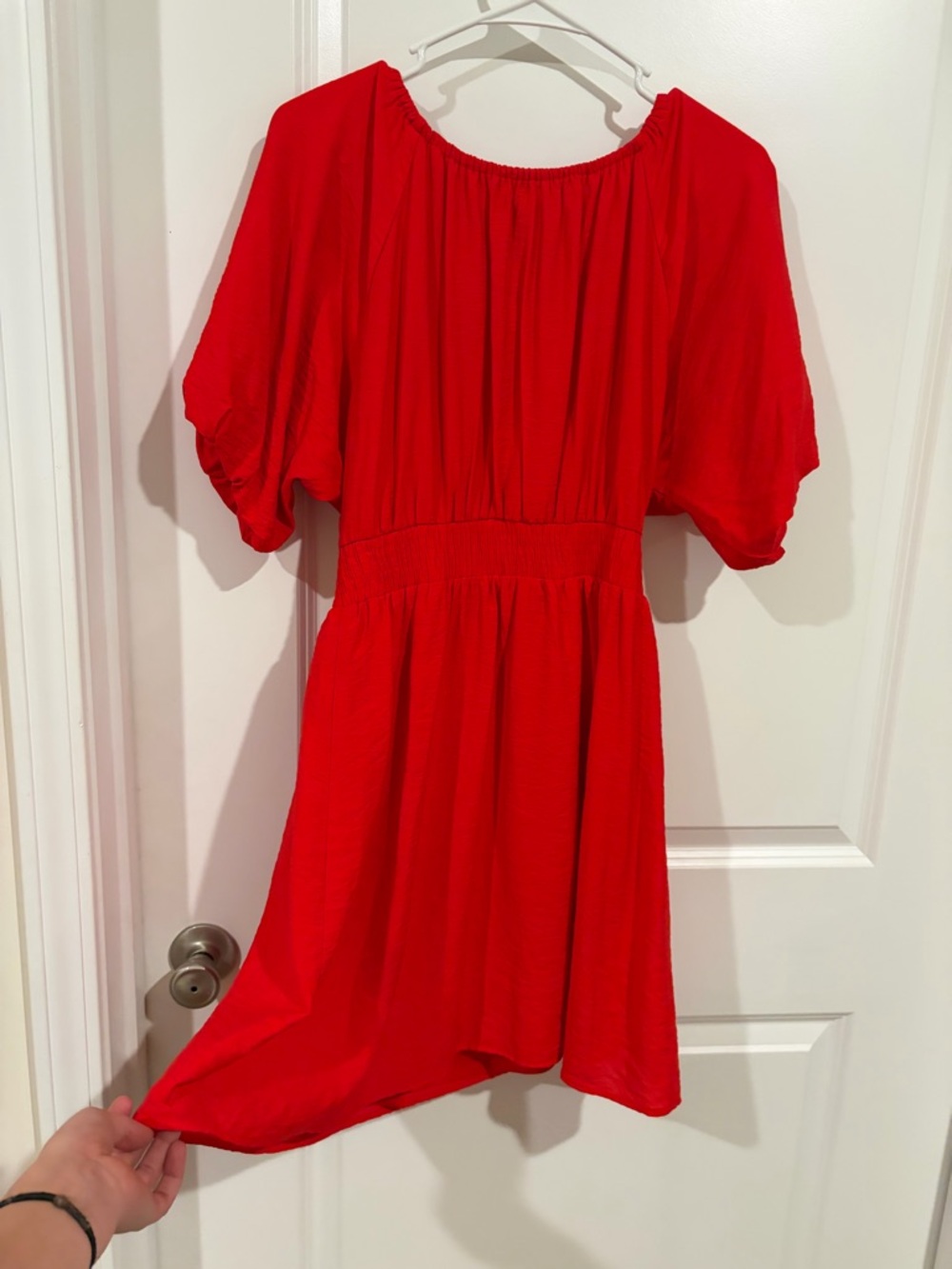 Nine West Red Mini Dress Puff Sleeve Smocked Waist Size Small - Picture 2 of 5
